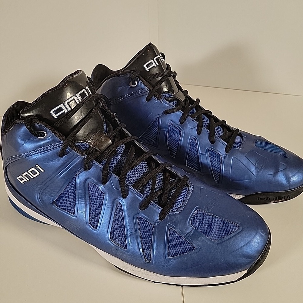 And1 Men's Backlash‎ Mid Basketball Shoe Blue & White Court Shoe Hoops Sz 14